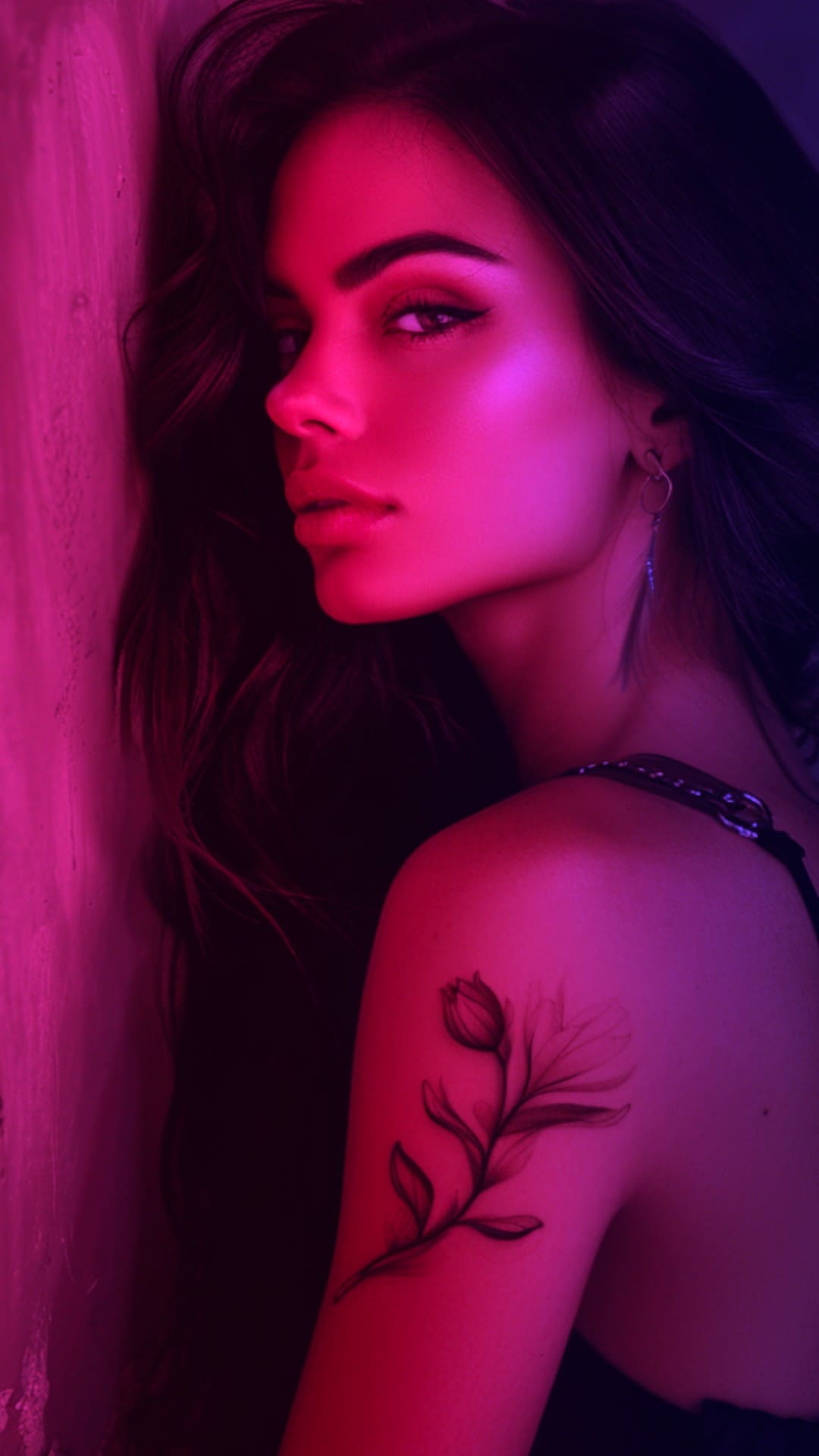 Profile view of a woman with long brown hair and a magnolia flower tattoo on her shoulder, posing against a pink background.