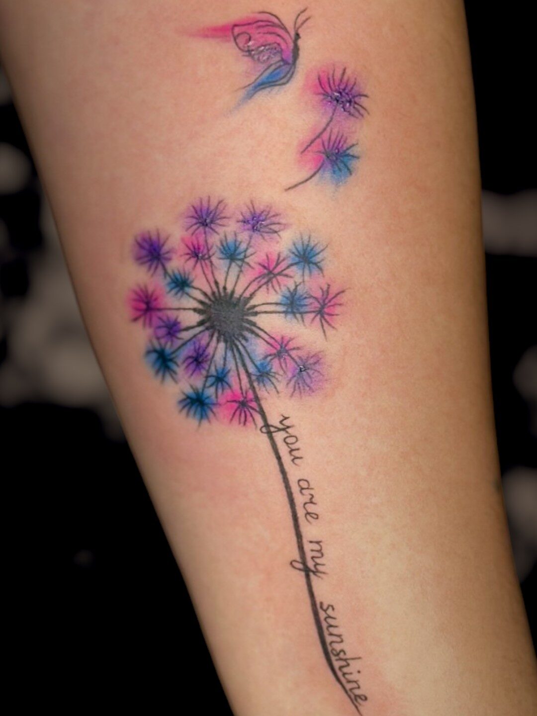 Dandelion watercolor and lettering tattoo